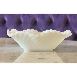 Vintage Square Bowl White Milk Glass Hazel Atlas Diamond Cut Ruffle Candy Dish